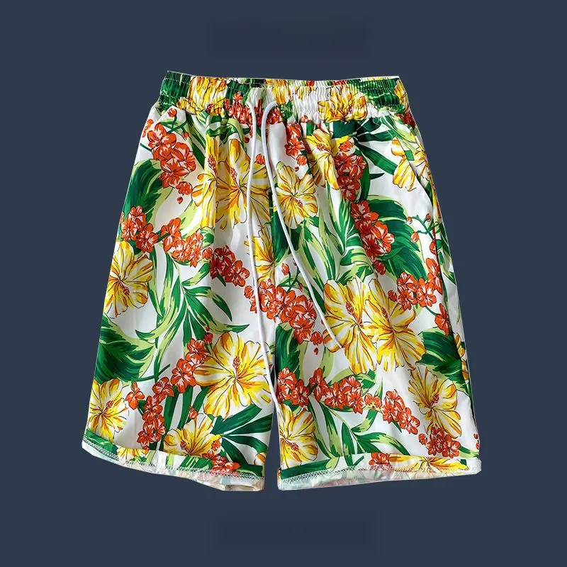 Hawaiian Casual Shorts for Men, Hong Kong Style, Loose Fit, Versatile Floral Shorts, Beach Vacation Trendy Couple 12IN Five-Point Shorts