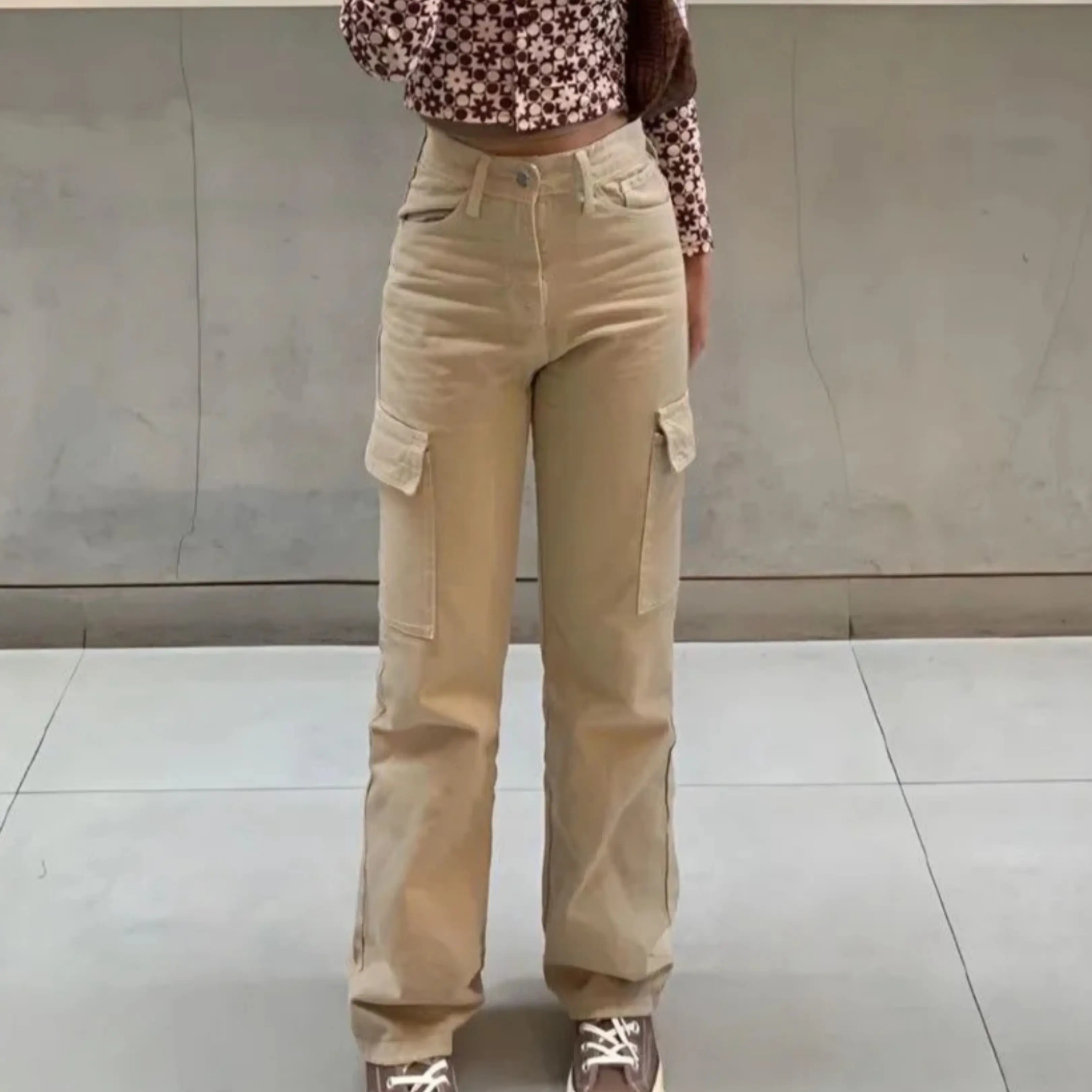 Celana Cargo Jeans Wanita - Celana Kulot  Cargo Jeans Highwaist Wanita Polos Santai Mocca Loose