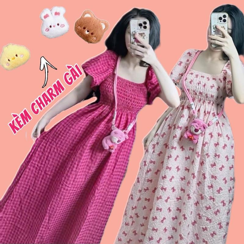 Đũi mát dáng dài (kèm charm gài)| Đầm maxi tay phồng gấu dâu caro chun nhún form xoè tiểu thư  freesize