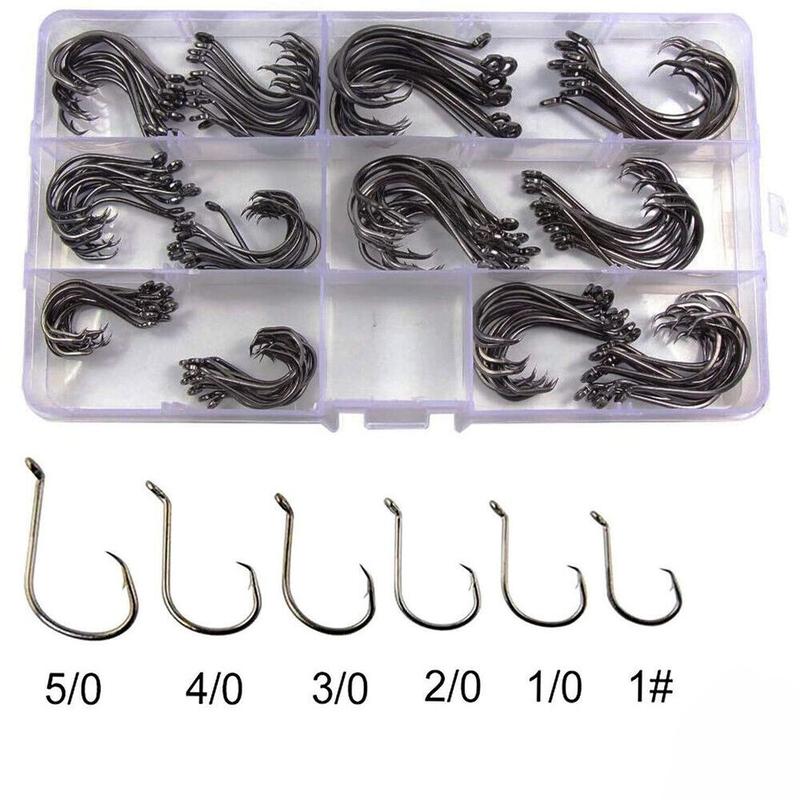 160 Offset Circle Fishing Hooks/Box - Black High Carbon Steel: Sizes #1 ...