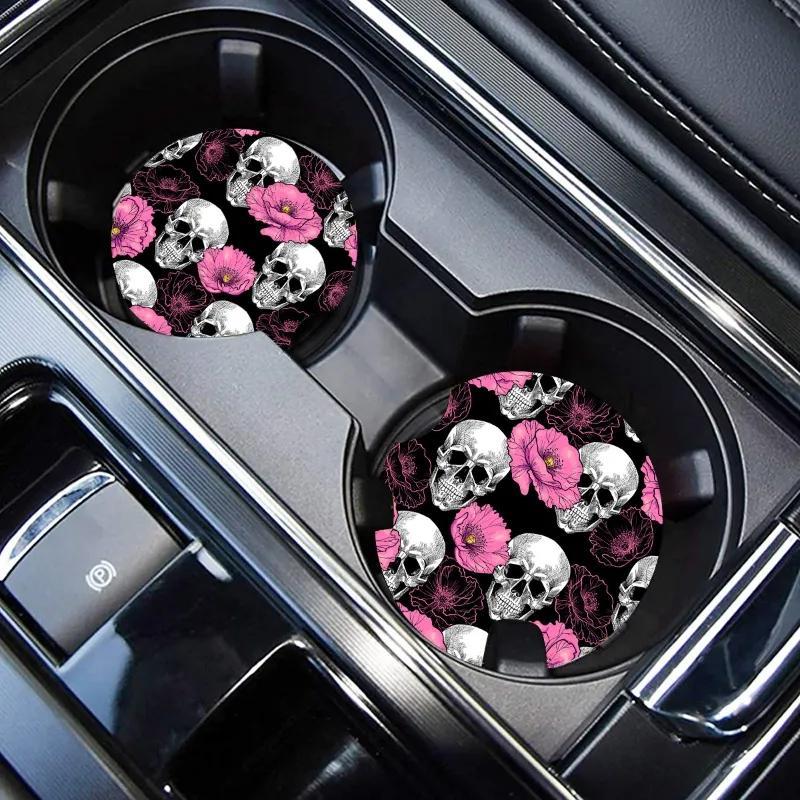 Product Introduction of Car Coaster, Skull & Rose Pattern Non-slip Car Cup Mat, Waterproof & Scratches Practical Car Interior Teacup Mat for Car 0