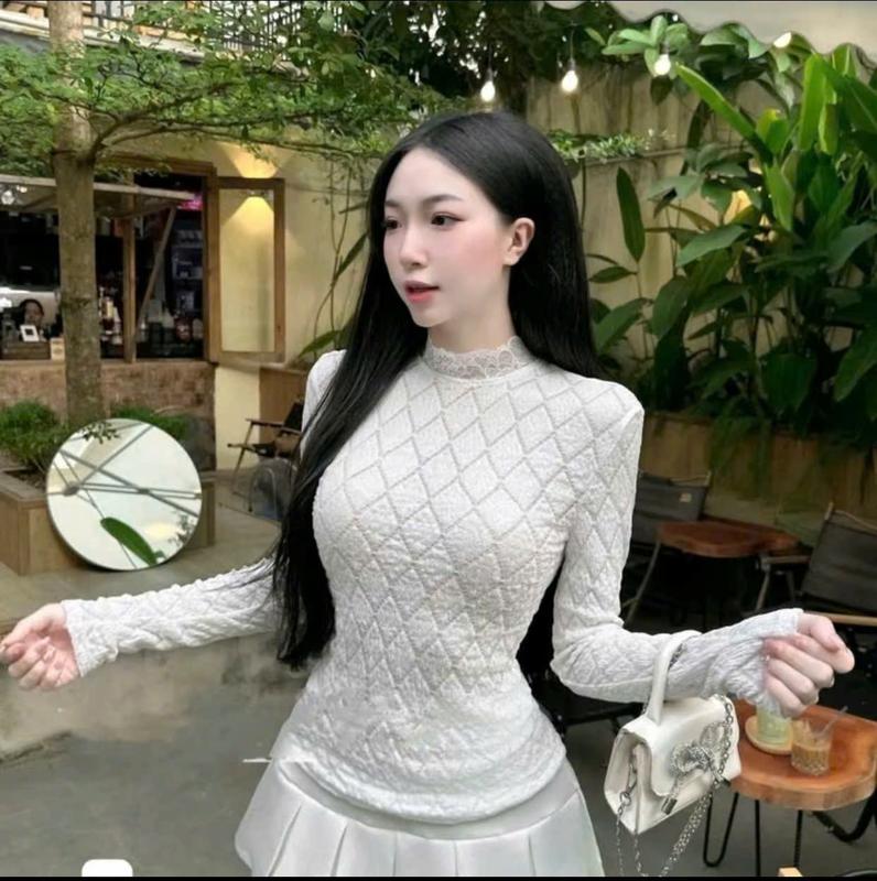 Bộ Áo Ren Xốp Tay Dài và Chân Váy Xếp Ly Sang Chảnh cho Nữ - Women Top Kem set thường set  botieuthu Xoè 0