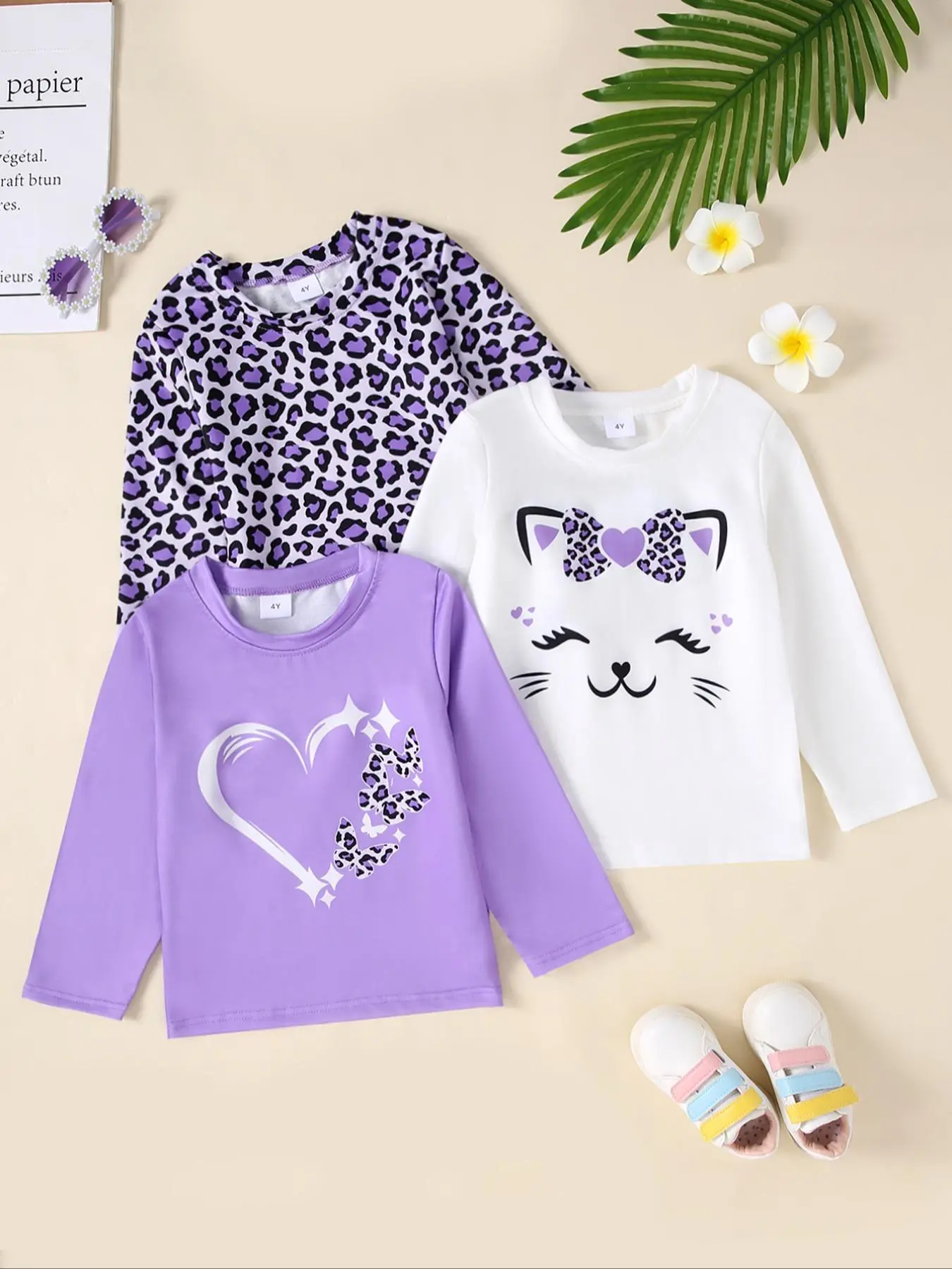 Girl's Leopard & Cat & Heart Print Round Neck Tee, Casual Long Sleeve Crew Neck T-shirt for Daily Wear, Kids Clothes for Spring & Fall Valentine's Day, gift