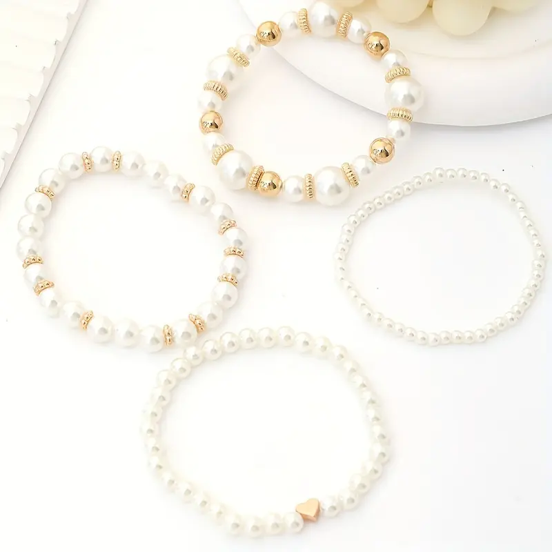 4 PCs White Artificial Pearl Beads Beaded Bracelet Suit Elegant Handmade Handmade String Jewelry Accessories 5