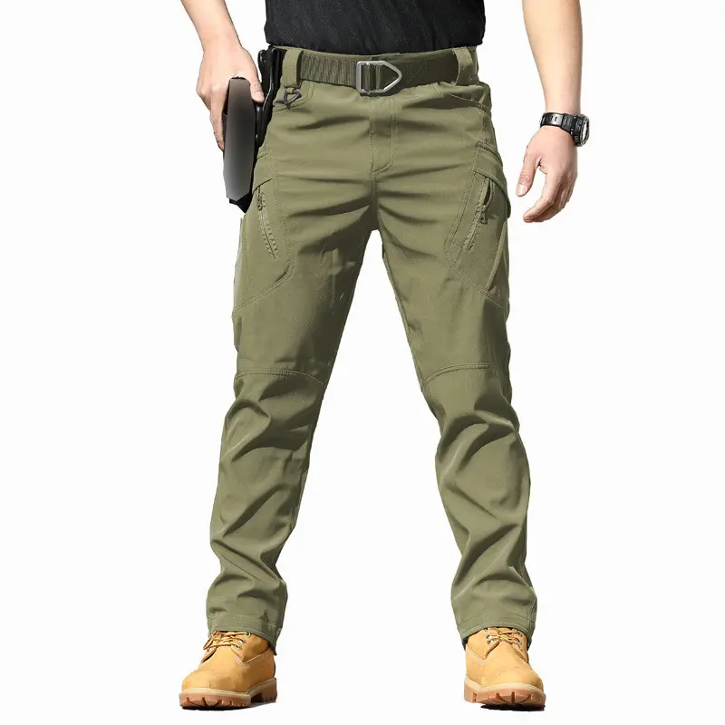 Tactical Cargo Pants for Men Stretchable Slim Fit Waterproof IX7 IX9 Stretch Cargo Pants Fabric Menswear Trouser Asian Garment Straight Workwear Human Cotton Lingerie Pocket Plain Beige seluar  kalis lelaki