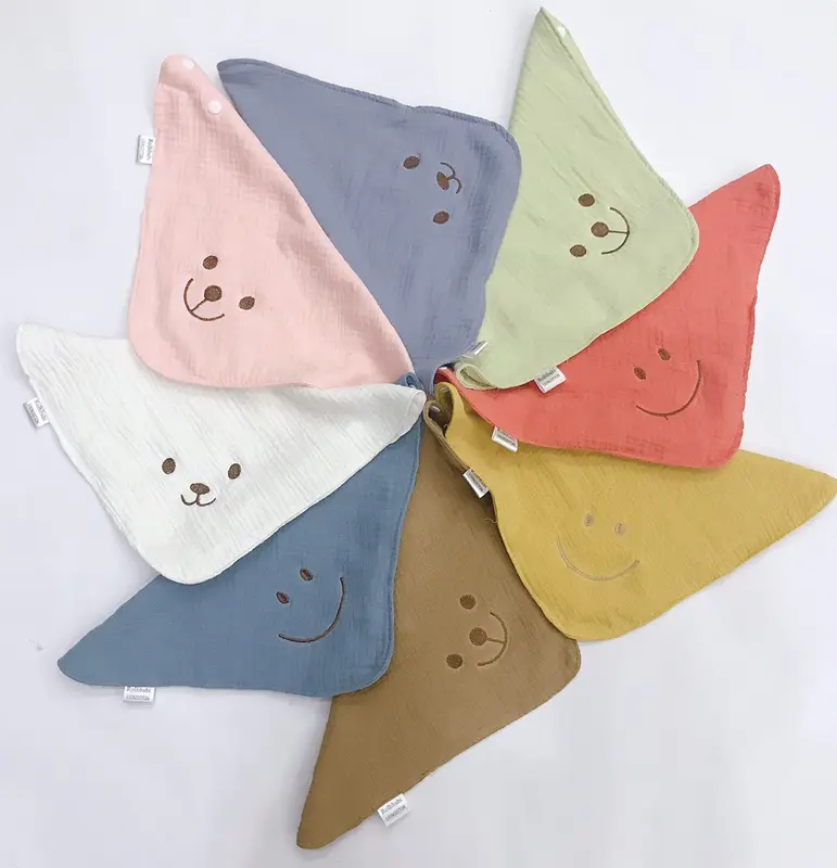 Bộ 3 yếm tam giác cho bé yêu có cúc bấm vải Muslin và Thêu hình mặt cười hoặc các con vật (chọn hình ib shop nhé) 5