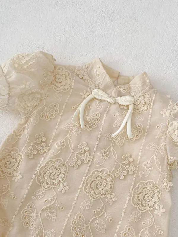 Baby Floral Embroidery Short Sleeve Jumpsuit, Cute Romper for Baby Girls, Newborn Infant Kids Summer Clothes 5