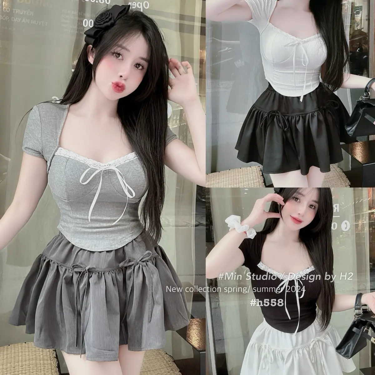 ￼Set áo cổ vuông nữ có đệm ngực mix chân váy xoè