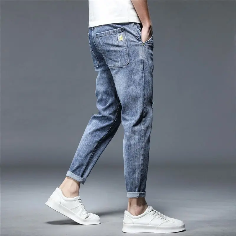 Quần Dài Jean Nam, Thương Hiệu Hợp Xu Hướng Phong Cách Hàn Quốc, Thích Hợp Cho Mùa Hè, Mỏng Và Hợp Xu hướng, Ống Đứng Và Co Giãn, Dáng Ôm, Quần Jean Mỏng, Thường Ngày, Quần Dài Nam 3