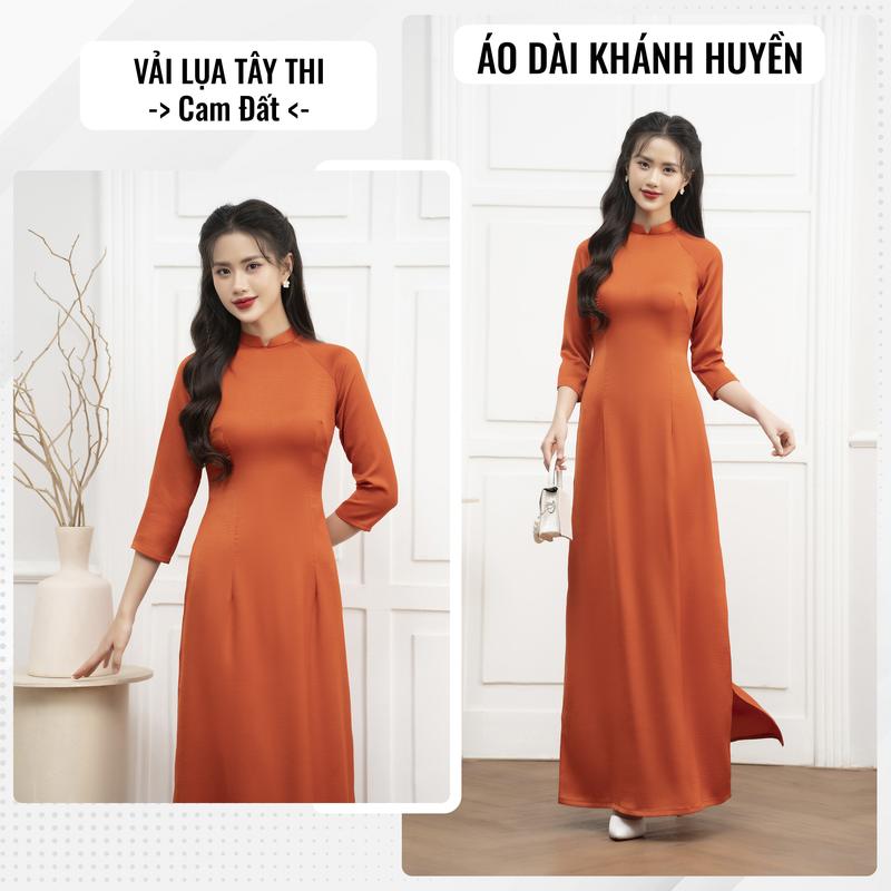 Áo dài truyền thống màu Cam Đất, vải lụa tây thi cao cấp co giãn may sẵn cổ cao 2cm thiết kế 2 tà - Áo Dài Khánh Huyền