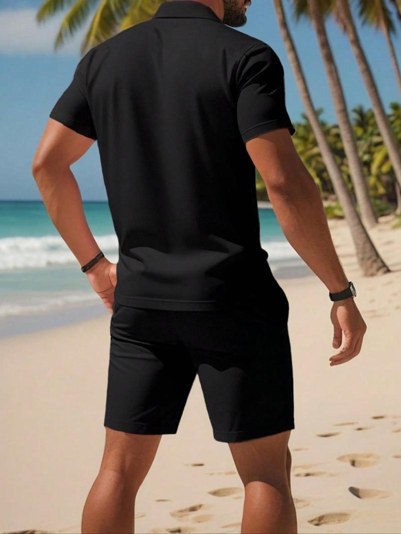 Product Introduction of Men's Letter & Geometric Print Polo Shirt & Shorts Set, Regular Fit Casual Short Sleeve Top & Track Shorts, Men Summer Set for Outdoor 6