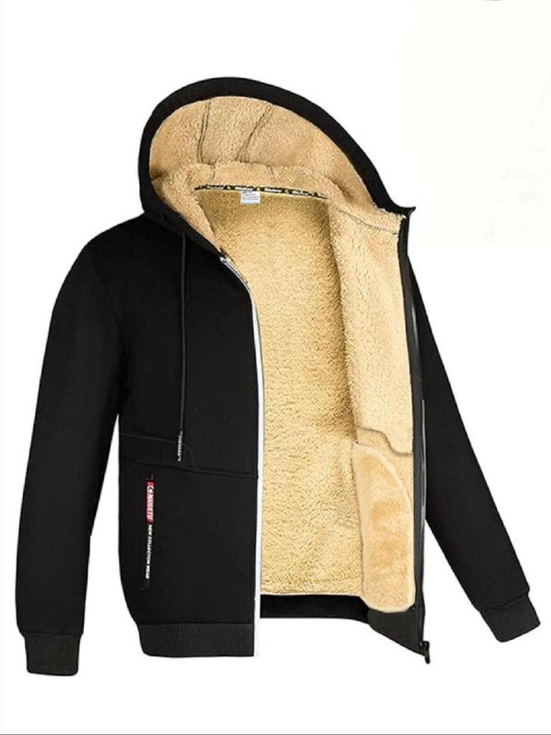 Product Introduction of Men's Letter Print Drawstring Zip Up Fleece Hooded Jacket, Regular Fit Casual Long Sleeve Thermal Lined Outerwear for Fall & Winter, Men's Clothes for Daily Wear 12