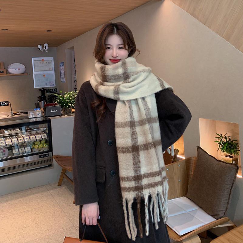 Khăn quàng cổ bản to khăn choàng len lông mịn màu be kem basic dễ phối thu đông 2024