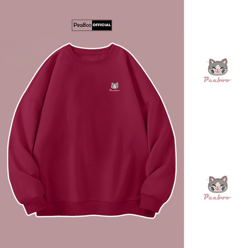 Áo Sweater THÊU Mèo Xám Nam Nữ By PEABOO Unisex Chất Nỉ Lót Bông Form Rộng