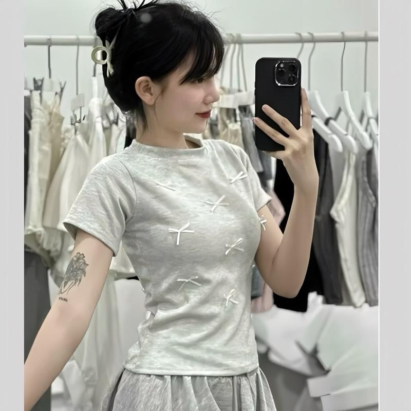 Áo Thun Baby Tee Đính Nơ Basic Dành Cho Nữ Cổ Tròn Phong Cách Đơn Giản Hàn Quốc Top Women cá tính T-shirts áo  baby