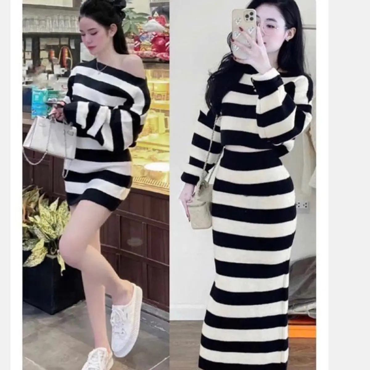 Set thun tăm kẻ lệch vai dáng ngắn và dáng dài