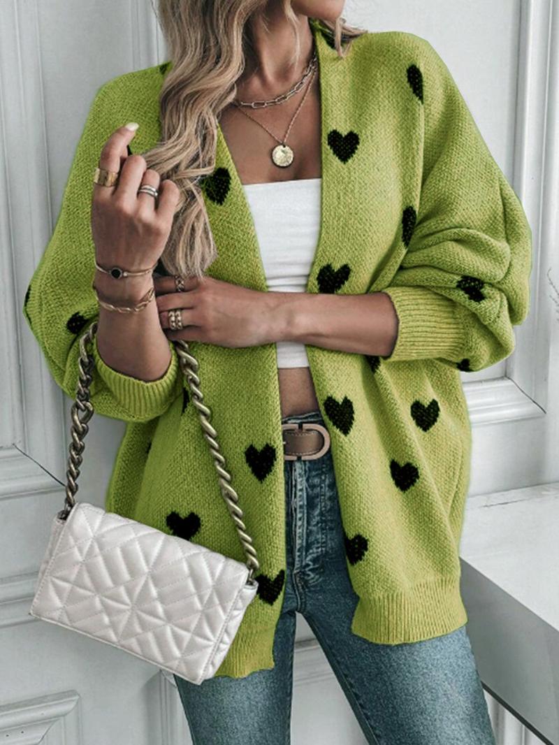 Product Introduction of Women's Heart Print Bishop Sleeve Cardigan, Valentine's Day Casual Long Sleeve Open Front Knitwear for Spring & Fall,  Cardigans for Women, Fashion Women's Knit Clothing for Daily Wear, Gift 4