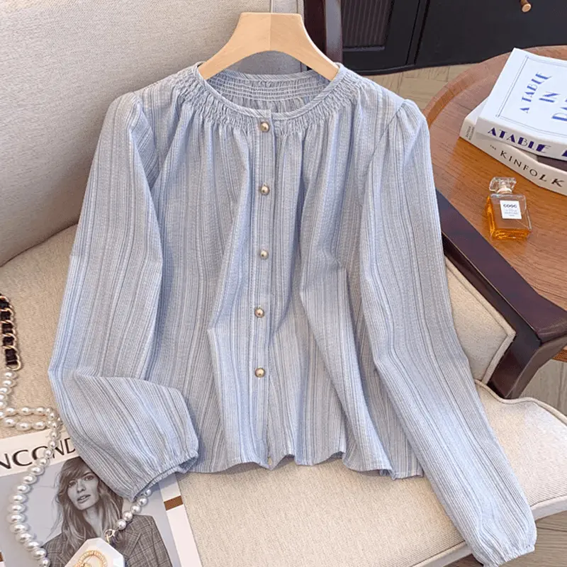 French Style Vintage Stripe Long Sleeve Shirt for Women All-Matching Shirt Belly Covering Slim Outer Tops