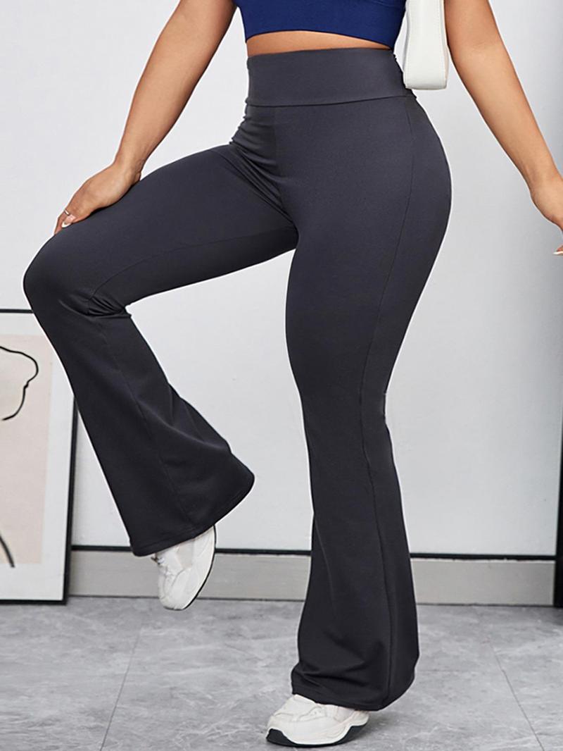 Product Introduction of 【Plus Size】 Solid High Waist Flare Leg Sports Leggings, Breathable Wide Waistband Bell Bottom Pants for Yoga Gym, Women's Plus Sportswear for Summer, Workout Clothes 3