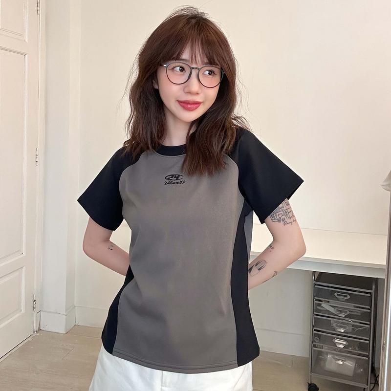 Áo thun nữ Phối Baby Tee Cotton thêu 24SamX - Top Women cổ tròn kem form chuẩn dễ thương