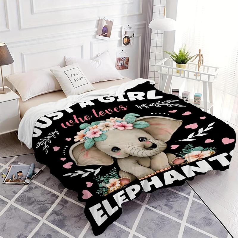 Cartoon Elephant & Letter Pattern Flannel Blanket, 1 Count Casual Soft Napping Blanket for Home & Office, Warm Blanket for Air-conditioned Room, Girls Room Accessories 2