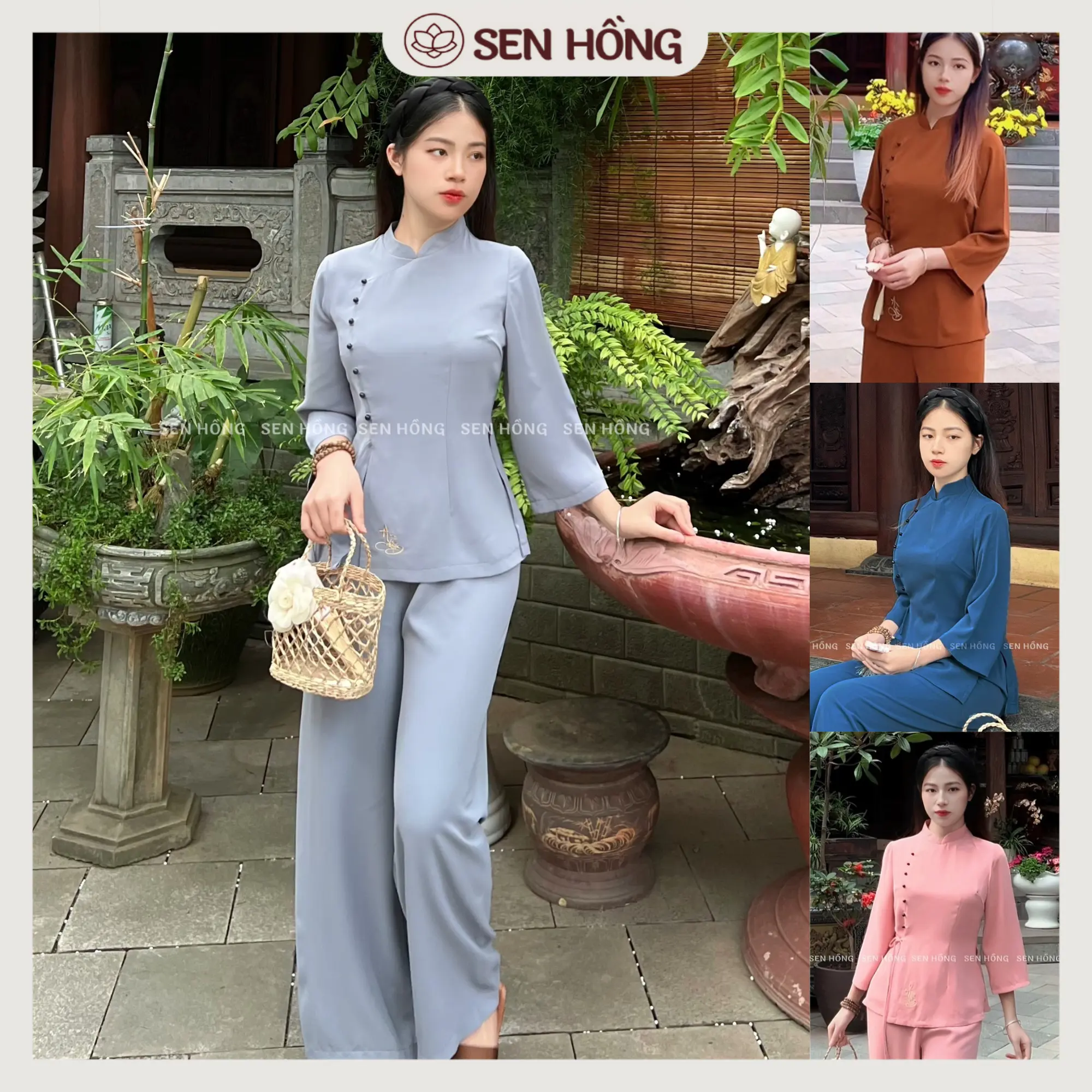 Pháp Phục nữ - đồ lam đi chùa vải Lụa Hàn siêu mềm mát - Chính hãng Sen Hồng S16