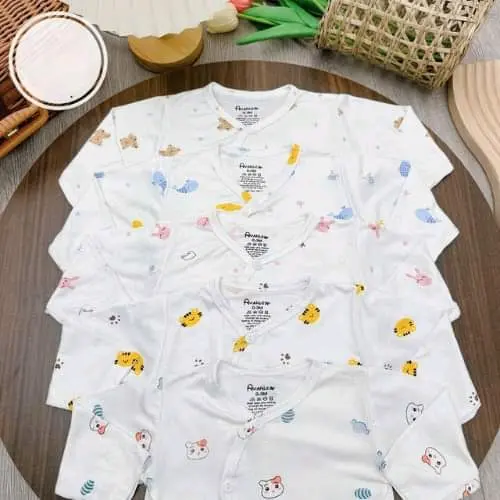 combo 5 Áo Thun Lạnh Ava Sơ Sinh Vạt Lệch Mầu Trắng Họa Tiết, Áo Cộc Tay Thun Lạnh Sơ Sinh 3
