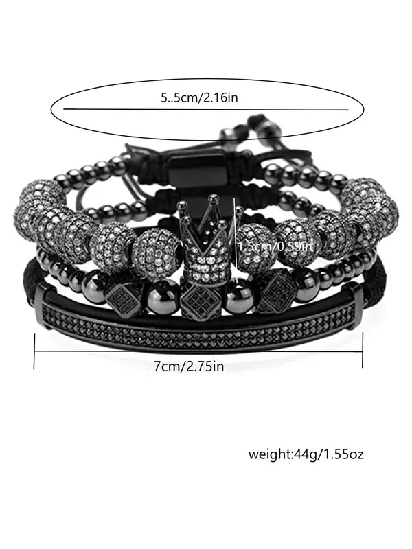 Rhinestone Crown & Beaded Braided Bracelet, Men Accessories, 3pcs Fashion Jewelry for Party, Daily Decor, Trendy All-match & Exquisite Jewellery for Birthday Gift 7