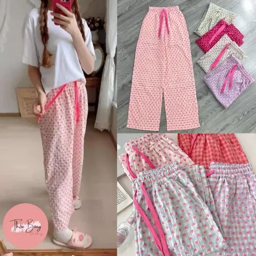 Quần suông nữ thô nhăn mềm lưng thun in hình trái tim 5 màu chân ái dài 98cm - Hàng Mới Nhất quần  suông