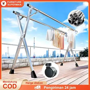 spRak Jemuran Baju Lipat Stainless Steel MAMAMI MALL - Tahan Karat, Tahan Angin, Bukaan Tabung Menebal, Kapasitas Besar, Kokoh dan Tahan Lama Besi Pakaian Stand