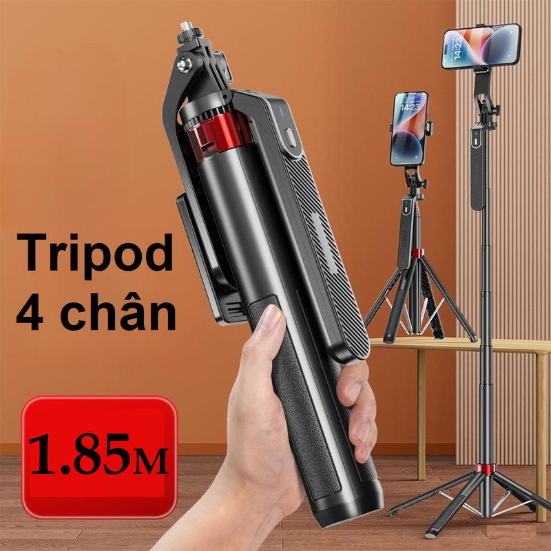 Tripod điện thoại gậy chụp ảnh selfie 4 chân p185 thế hệ mới cao cấp có điều khiển từ xa xoay 360 độ kèm đèn trợ sáng
