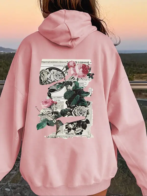 Women's Floral & Newspaper Print Drop Shoulder Hoodie, Fashion Casual Drawstring Pocket Hooded Sweatshirt for Daily Holiday Outdoor Wear, Women Clothes for Fall & Winter 3