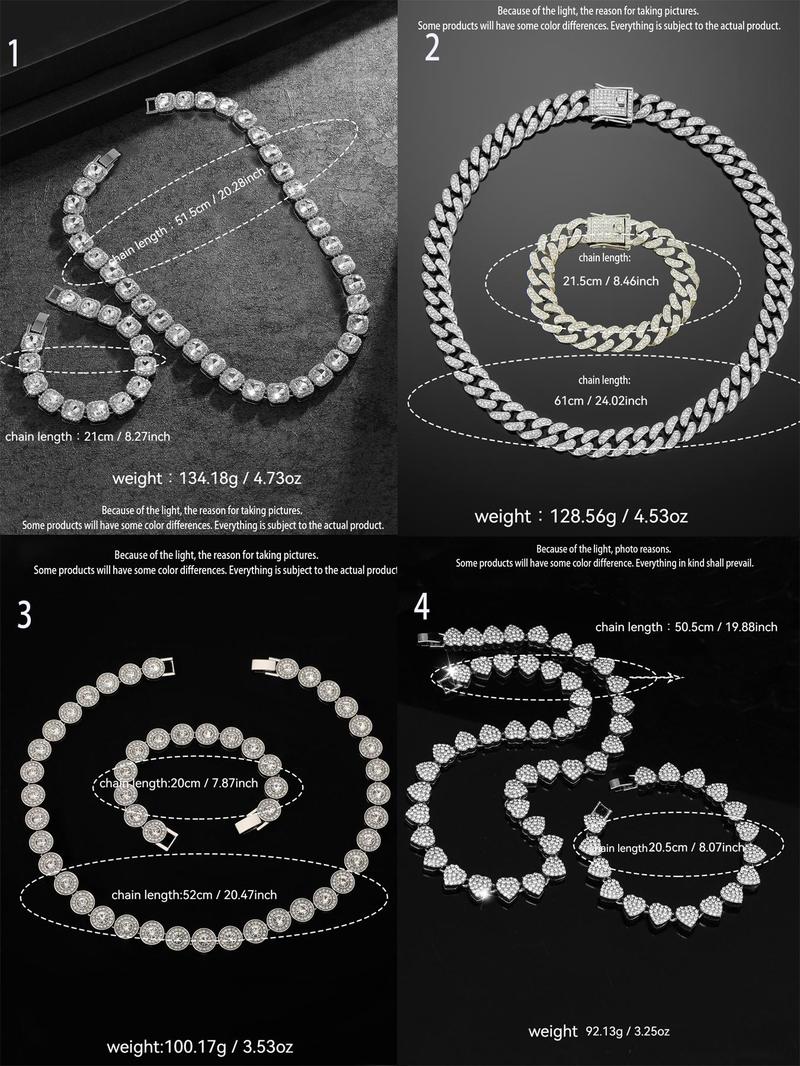 Product Introduction of Rhinestone Decorated Cuban Chain Necklace & Bracelet, Fashion Jewelry for Party, Daily Clothing Decor, Trendy All-match & Exquisite Jewelry for Birthday Gift 1