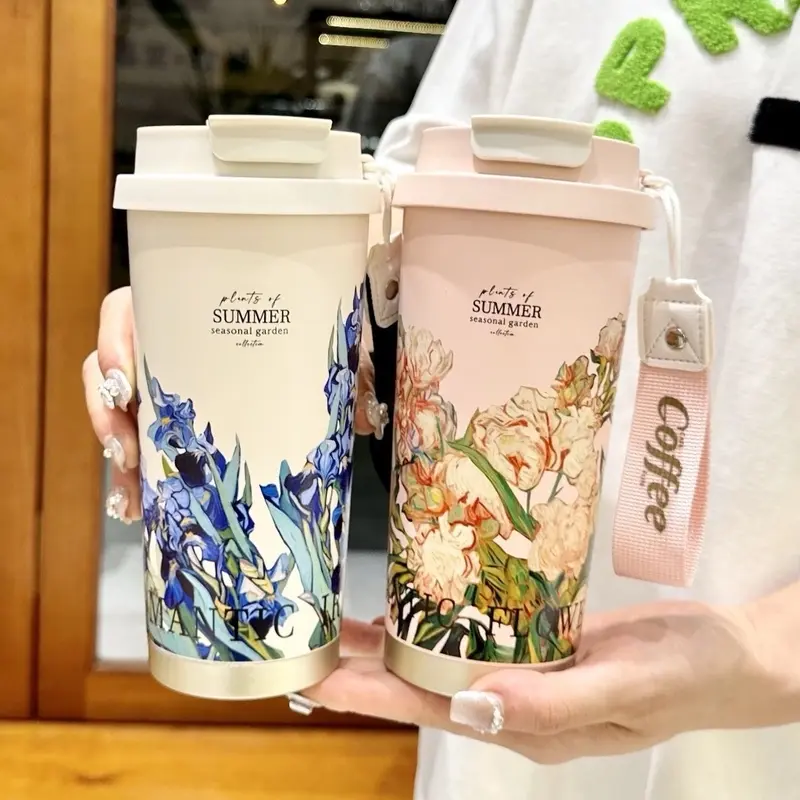 Cốc Giữ Nhiệt Hoạ Tiết Hoa Lá Dung Tích 500ml Có Kèm Ống Hút Chất Liệu inox 316 6