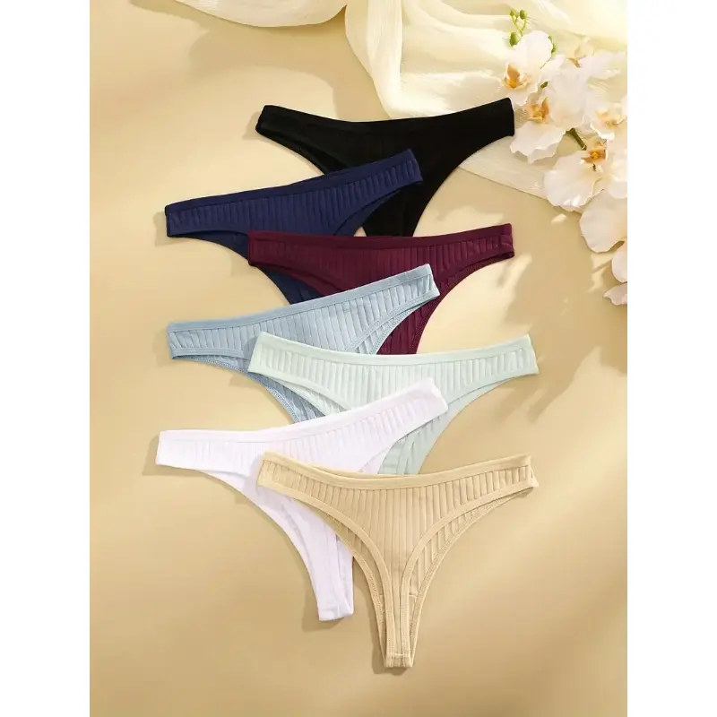 6Pcs/Set Women Cotton Thongs Panties Female Ribbed Low Rise G-String Ladies Sexy Bikini 7 Solid Color Girl Soft S-XL Intimates 1