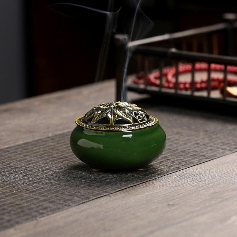 Lư sứ xông trầm hương - Nắp đồng hoa văn, sứ cao cấp 6