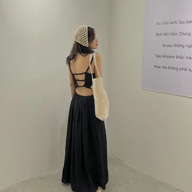 Set áo hở lưng có chun co giãn kèm chân váy dài | comin24th Trắng kem 3