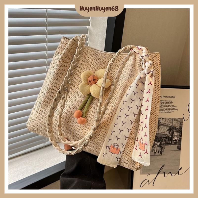 Túi tote đan cói sức chứa lớn thiết kế đính hoa, buộc khăn trẻ trung, sang chảnh, túi đi biển dành cho nữ H262