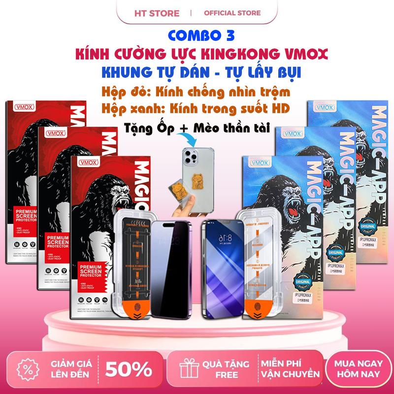   Tự Lấy Bụi  Combo 3 kính cường lực ip chống nhìn trộm và trong suốt Có khung tự dán tại nhà Kính cường lực Kingkong full màn cho iphone X đến 16 promax - Tặng kèm ốp chống sốc và mèo thần tài 