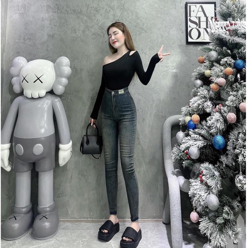QUẦN JEAN NỮ DÀI CO GIÃN SIÊU CAO TÚI LƯNG MÁC Ôm gọn Trơn Nữ Women Voi Pants 0