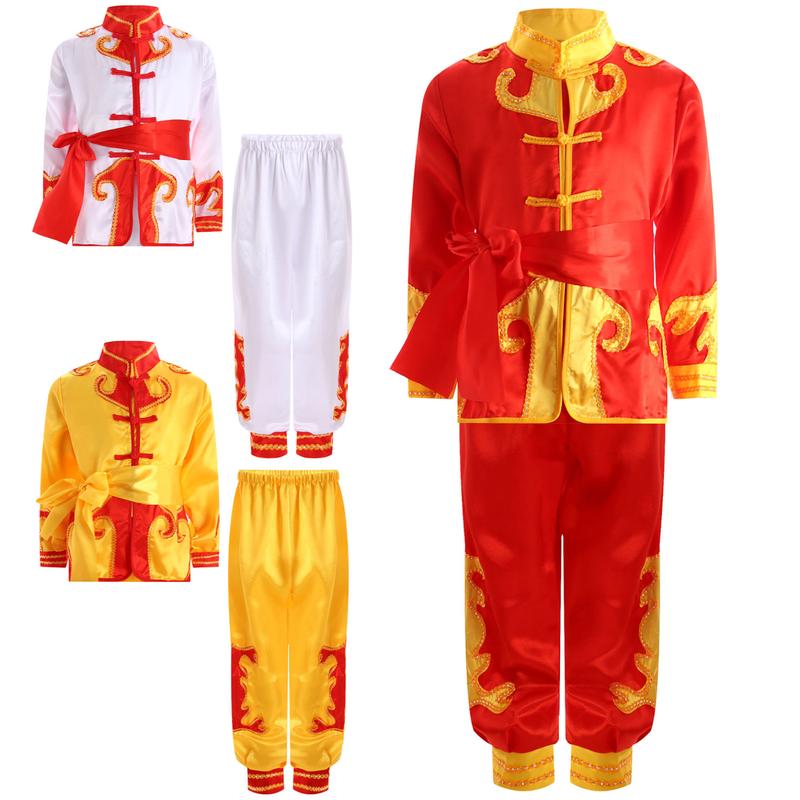Haitryli  Unisex Kids Girls Boys Color Block Kung Fu Suit Performance Outfit Mandarin Collar Long Sleeve Side Split Top with Elastic Waistband Pants Belt 0