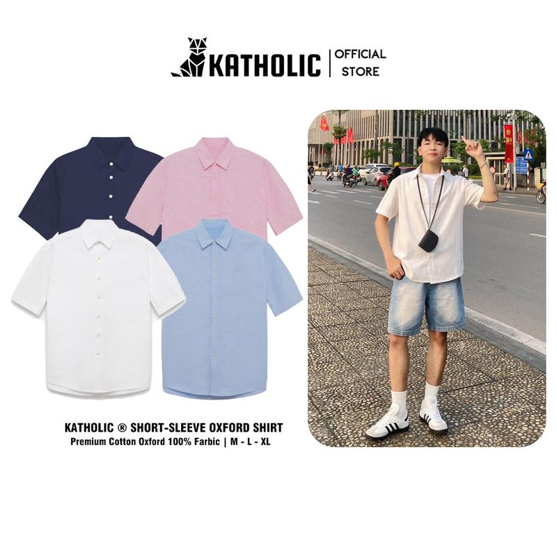  Áo Sơ Mi Trơn Tay Ngắn Nam Nữ Hàn Quốc Chất Liệu Oxford Form Rộng Oversize 4 Màu Trắng Hồng Xanh Navy KAT020 