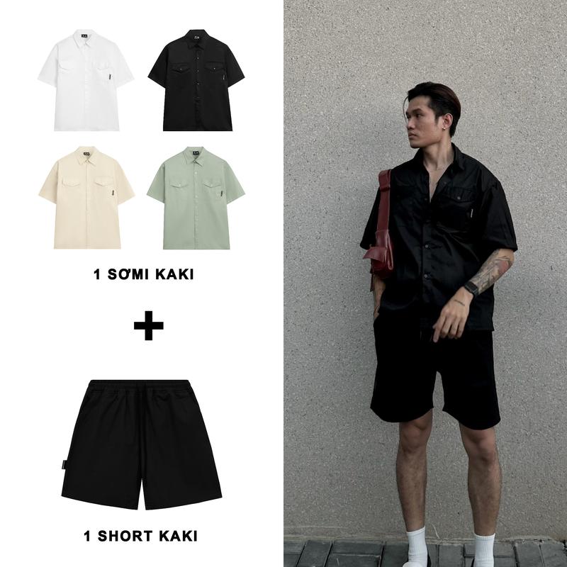 Combo Áo Somi Tay Ngắn Phối 2 Túi Hộp + Quần Short Kaki Cao Cấp U.TEE STUDIO Form Rộng Unisex Cho Nam Và Nữ Menswear Cotton Hoodie Có Túi