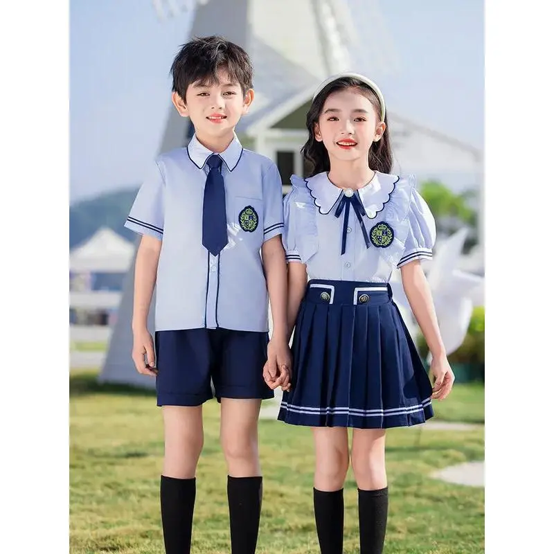 k-style boys light blue summer short-sleeved shirt shorts suit girls summer short-sleeved doll collar bud sleeve pleated skirt suit primary and secondary school students teacher graduation class uniform suit