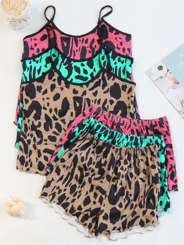 6 Pieces Women's Contrast Binding Lettuce Trim Cami Top & Shorts Pyjamas Set, Casual Comfy Halloween Pumpkin & Skull Print Camisole & Shorts Pj Set, Sleepwear Set for Women, Co-ord Sets for Women, Nightwear 1