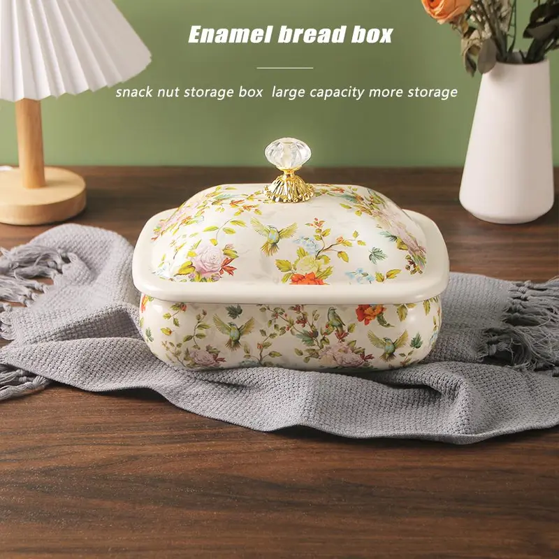 Vintage Floral Pattern Enamel Bread Box, Enamel Butter Dish with Lid, Salad Preserving Container for Kitchen Canteen, Summer Gift 4