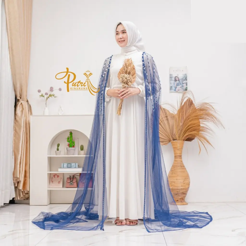 Slayer Jubah Punggung Sayap Bahu Pengantin Pisahan Kanan Kiri Mutiara Gaun Dress Wanita