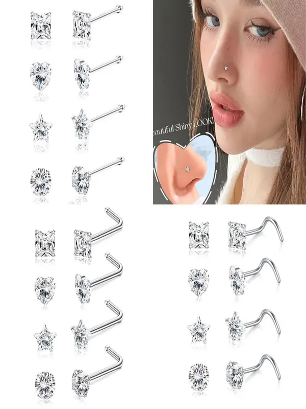 Rhinestone Decor Heart & Star Design Nose Studs, Nose Studs Piercing Jewelry for Women Girls, Nose Stud for Daily Wear, Body Jewelry for Party, Daily Decor 0