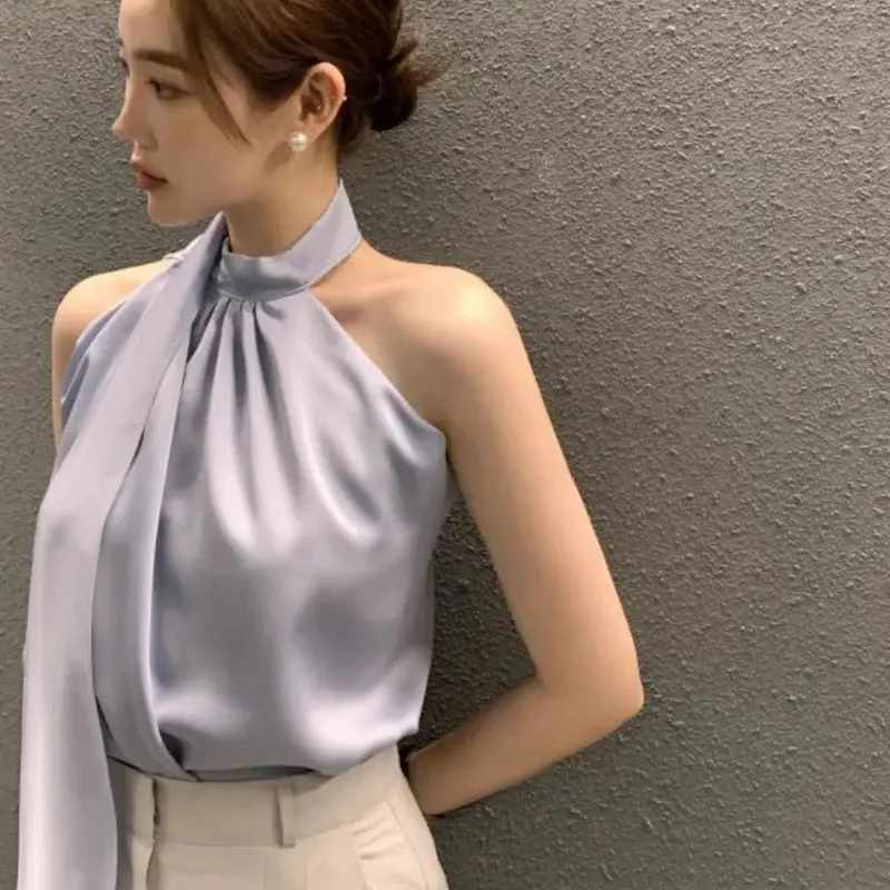 Quần Áo Nữ, Thời Trang Và Đẹp Mắt, Áo Sơ Mi Trắng, Thanh Lịch Mùa Hè Cho Nữ, Thiết Kế Streamer Cổ, Luster Satin, Áo Vest Không Tay Dáng Rộng, Hai Dây, Dành Cho Nữ 5