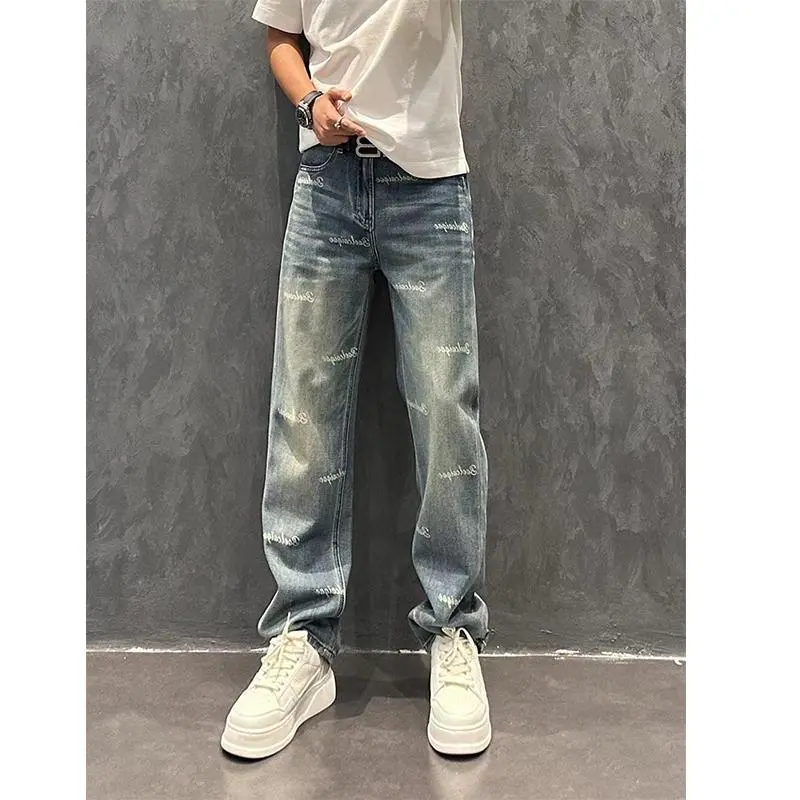 Quần Jean Ống Đứng Ống Rộng, Màu Xanh Giặt, Dáng Rộng Vừa Vặn, Phong Cách Châu Âu, Giá Cả Phải Chăng, Quần Dài, Dành Cho Nam Giới, In Chữ, Mùa Xuân Và Mùa Hè 2024 1